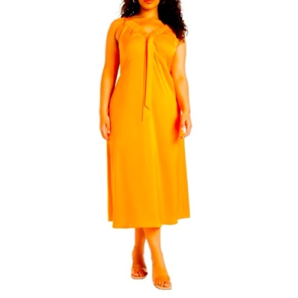 ELOQUII Midi Dress Ruched Neckline bow tie decor satiny persimmon orange - Picture 1 of 8